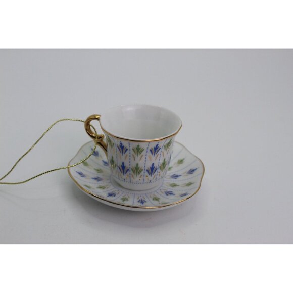 Porcelain Teacup Ornament with Saucer • Blue & Green Floral • Gold Handle - Picture 3 of 5